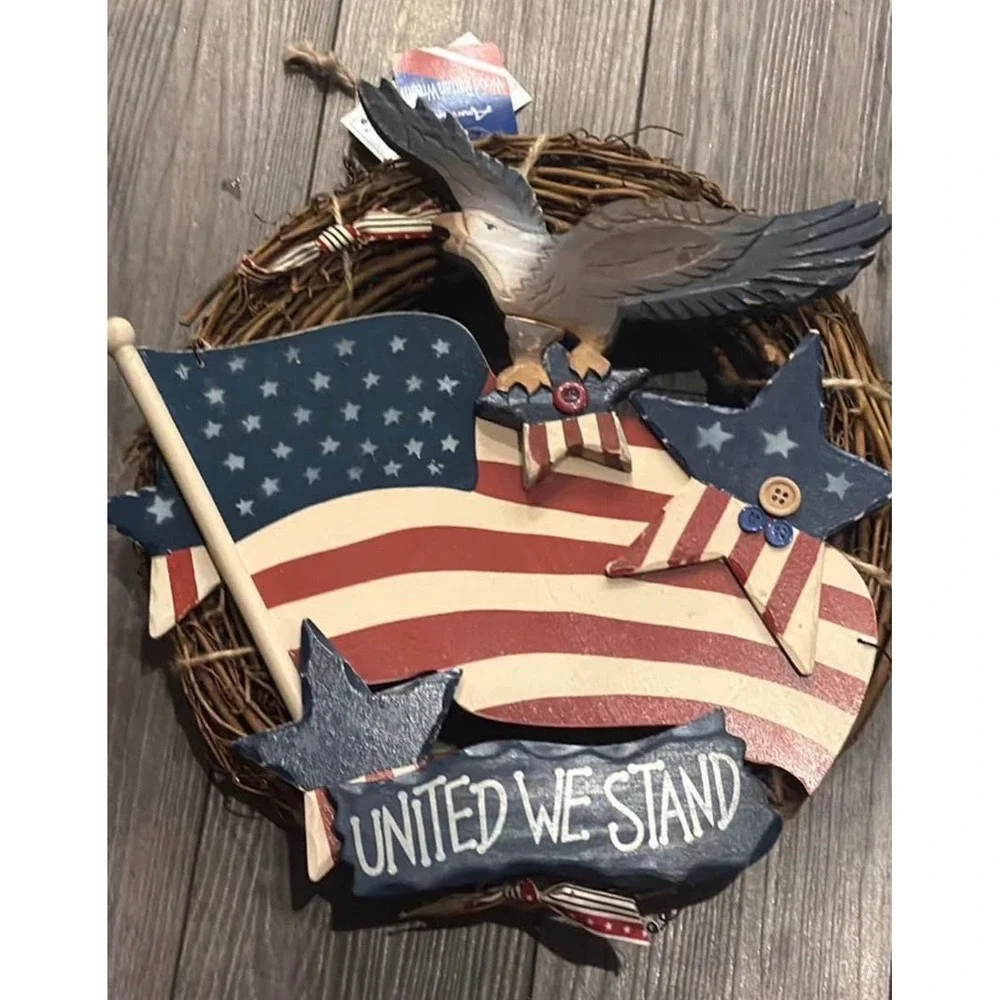 American Wood Rattan United We Stand Patriotic Eagle Flag Grapevine Wreath Decor